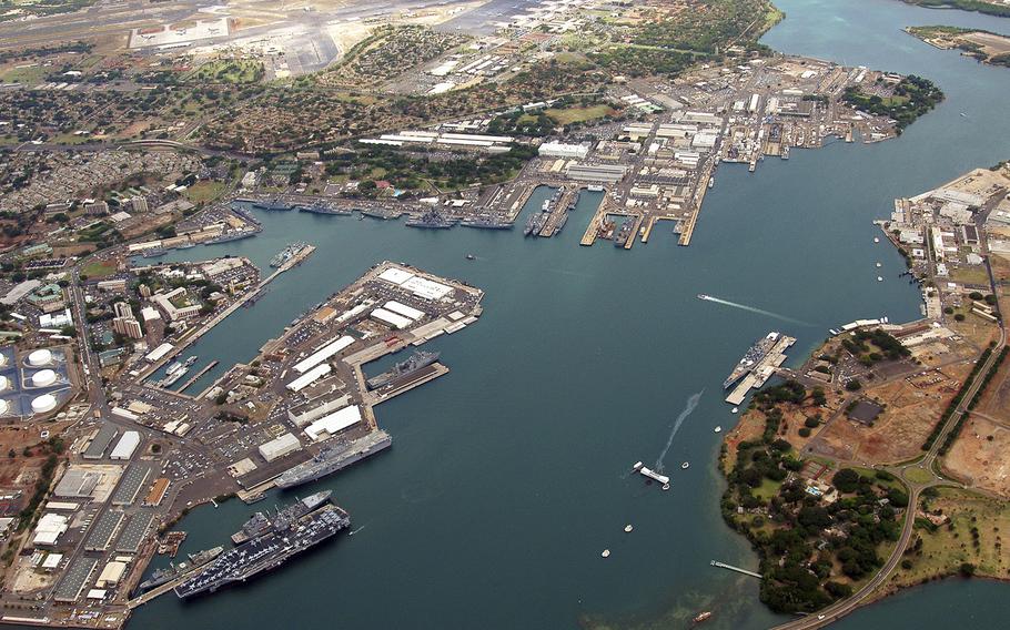 An aerial view of Joint Base Pearl Harbor-Hickam is seen.