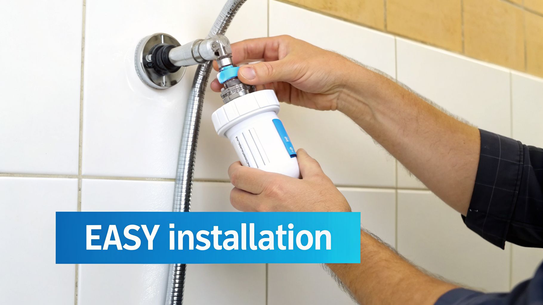 Hands easily installing a white shower filter onto a shower hose connection in a tiled bathroom.
