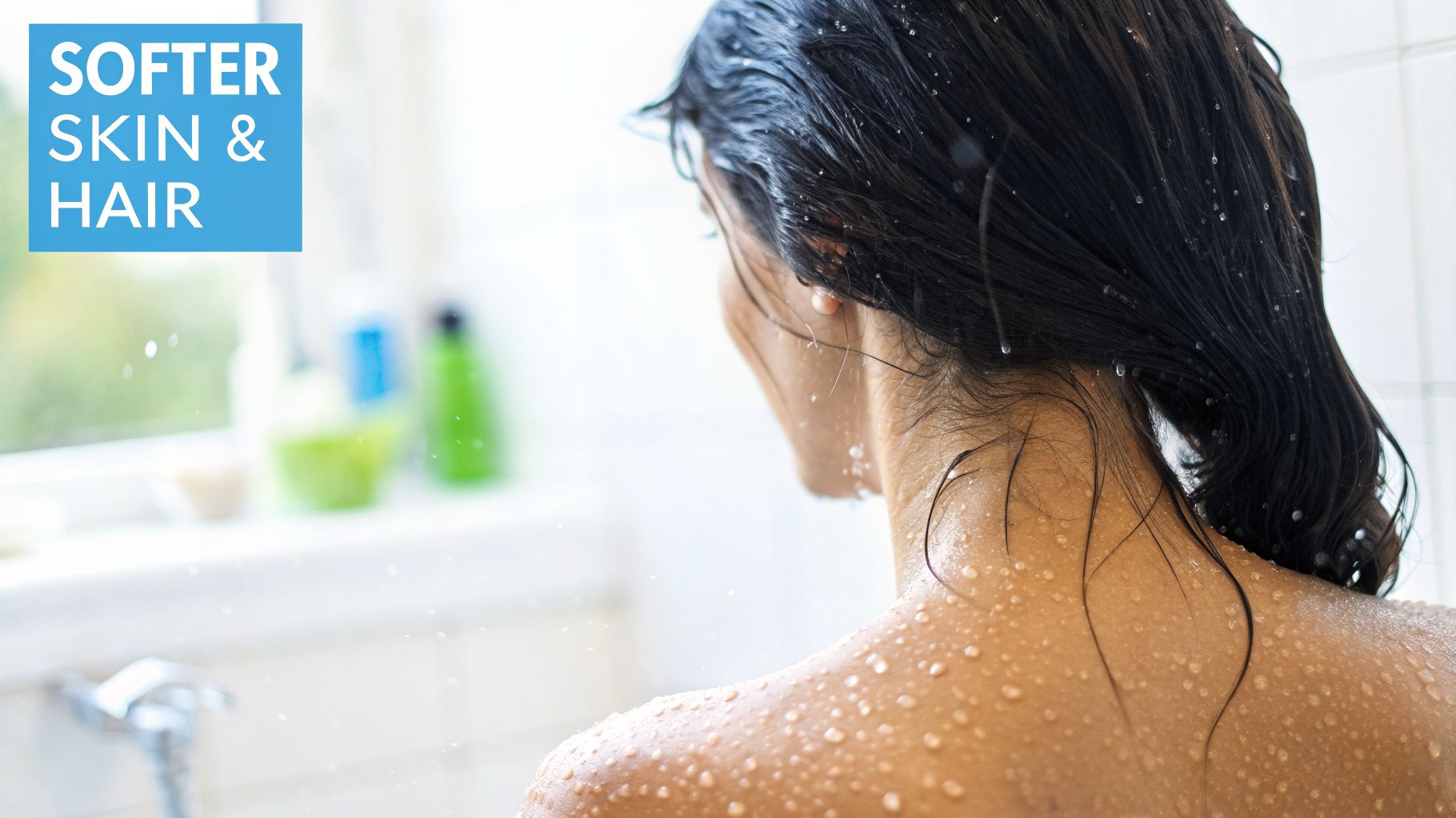 A woman with wet hair and water droplets on her back in a shower, promoting softer skin and hair.