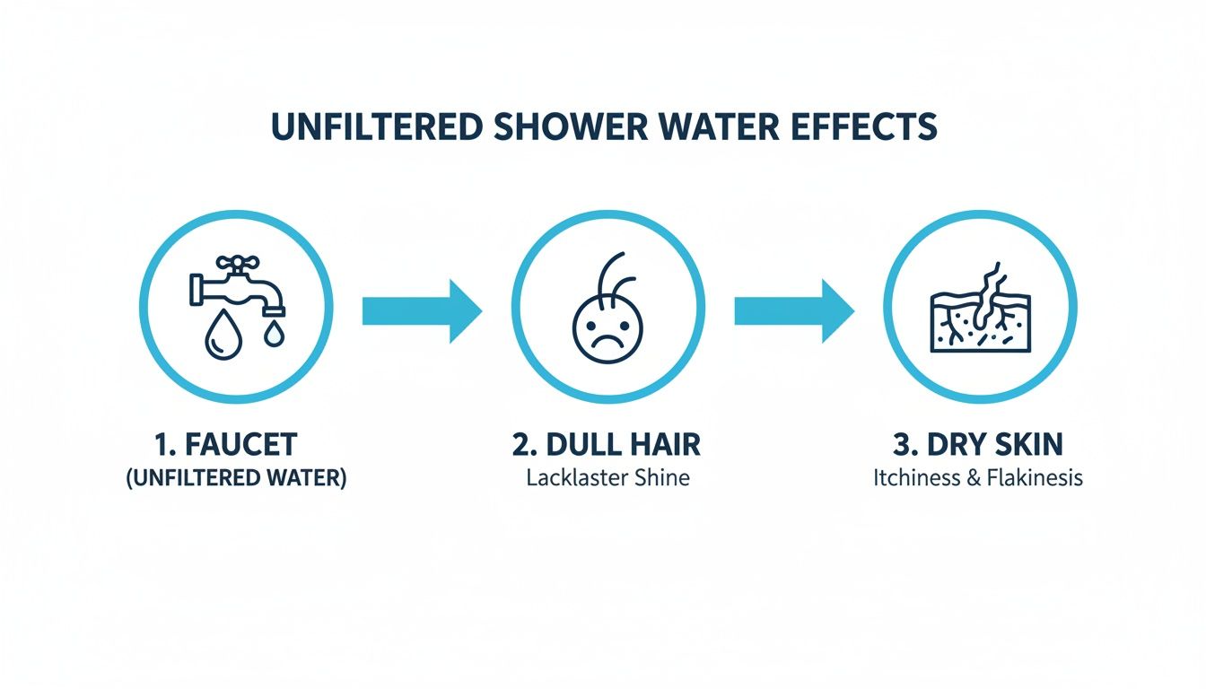 Infographic illustrating the progression of unfiltered shower water to dull hair and dry skin.