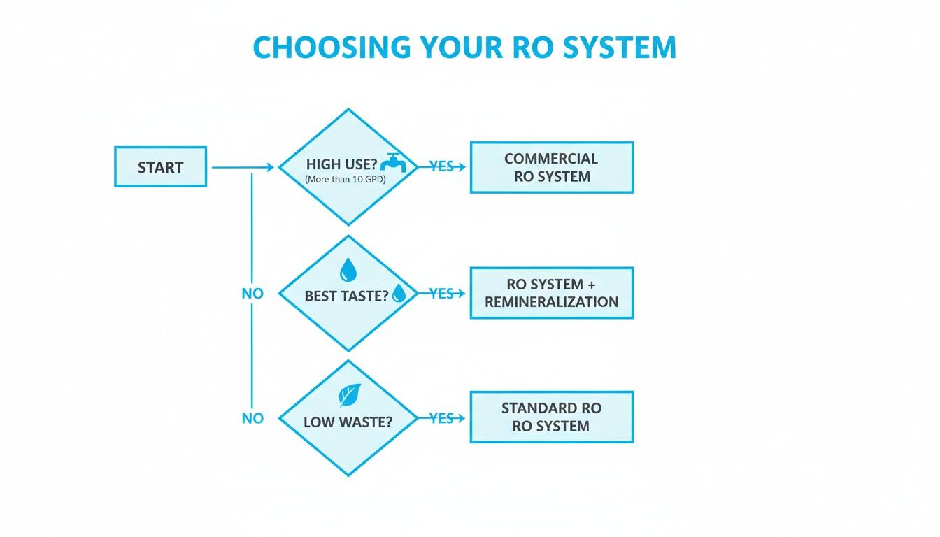 Flowchart guiding users on choosing an RO (Reverse Osmosis) system based on usage, taste, and waste.