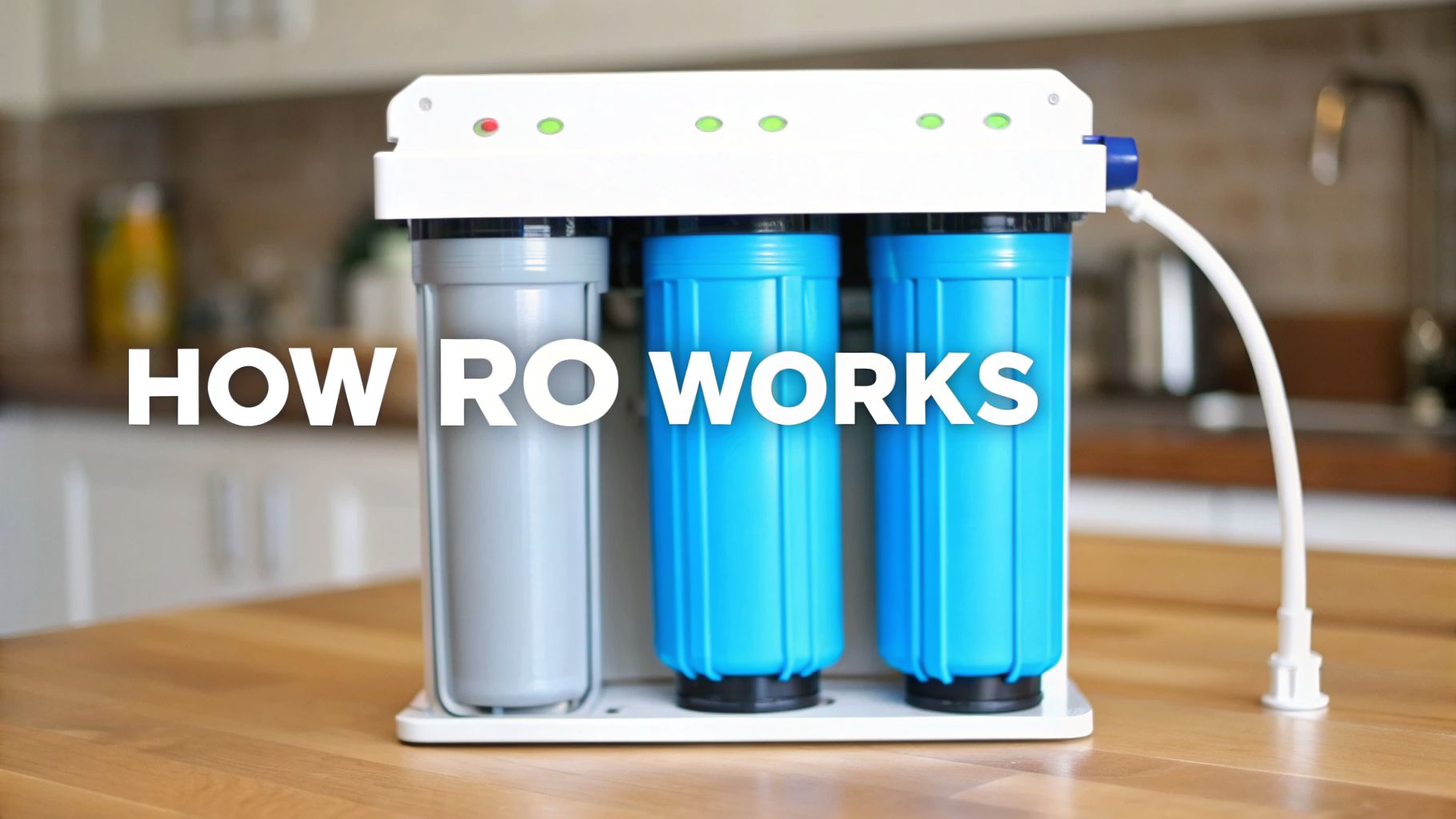 A countertop reverse osmosis water filtration system with three filters on a wooden kitchen counter.