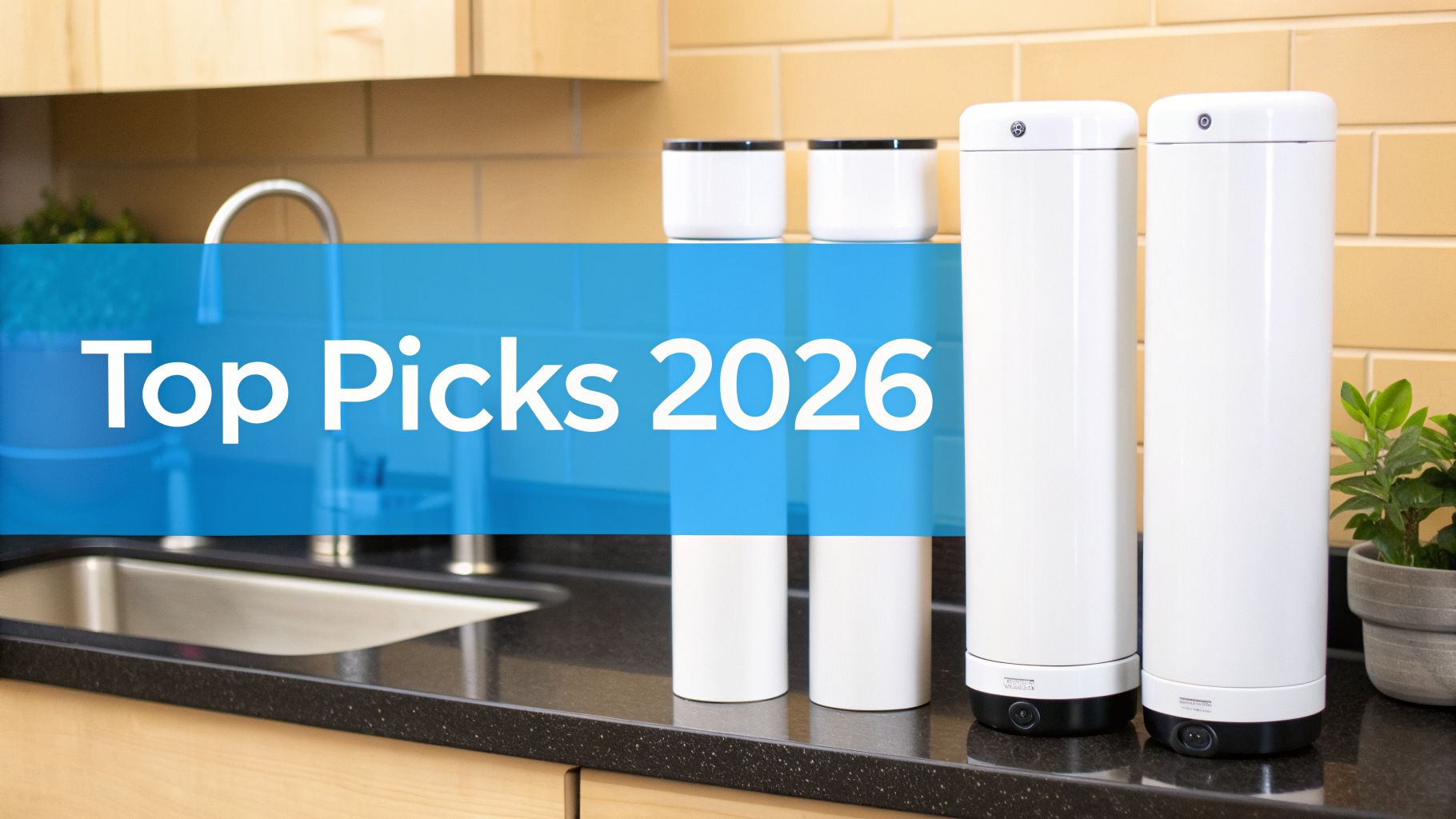 White countertop water filtration systems and containers on a kitchen counter with "Top Picks 2026" text.