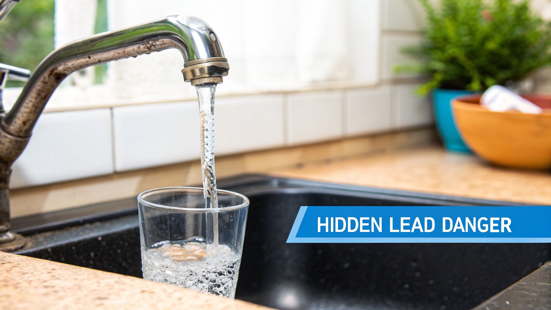 A kitchen faucet fills a glass with water in a dark sink, next to a banner reading 'HIDDEN LEAD DANGER'.