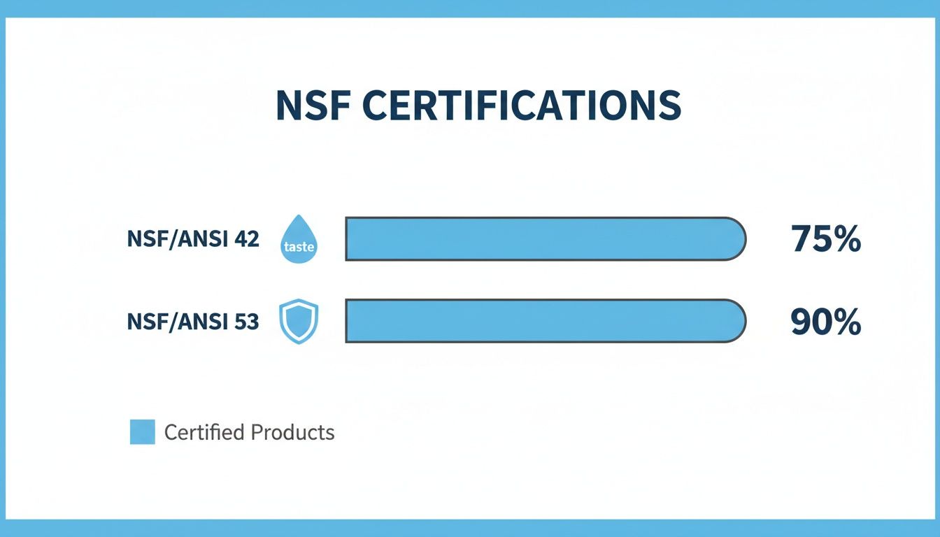 Bar chart showing 75% NSF/ANSI 42 (taste) and 90% NSF/ANSI 53 (protection) certified products.