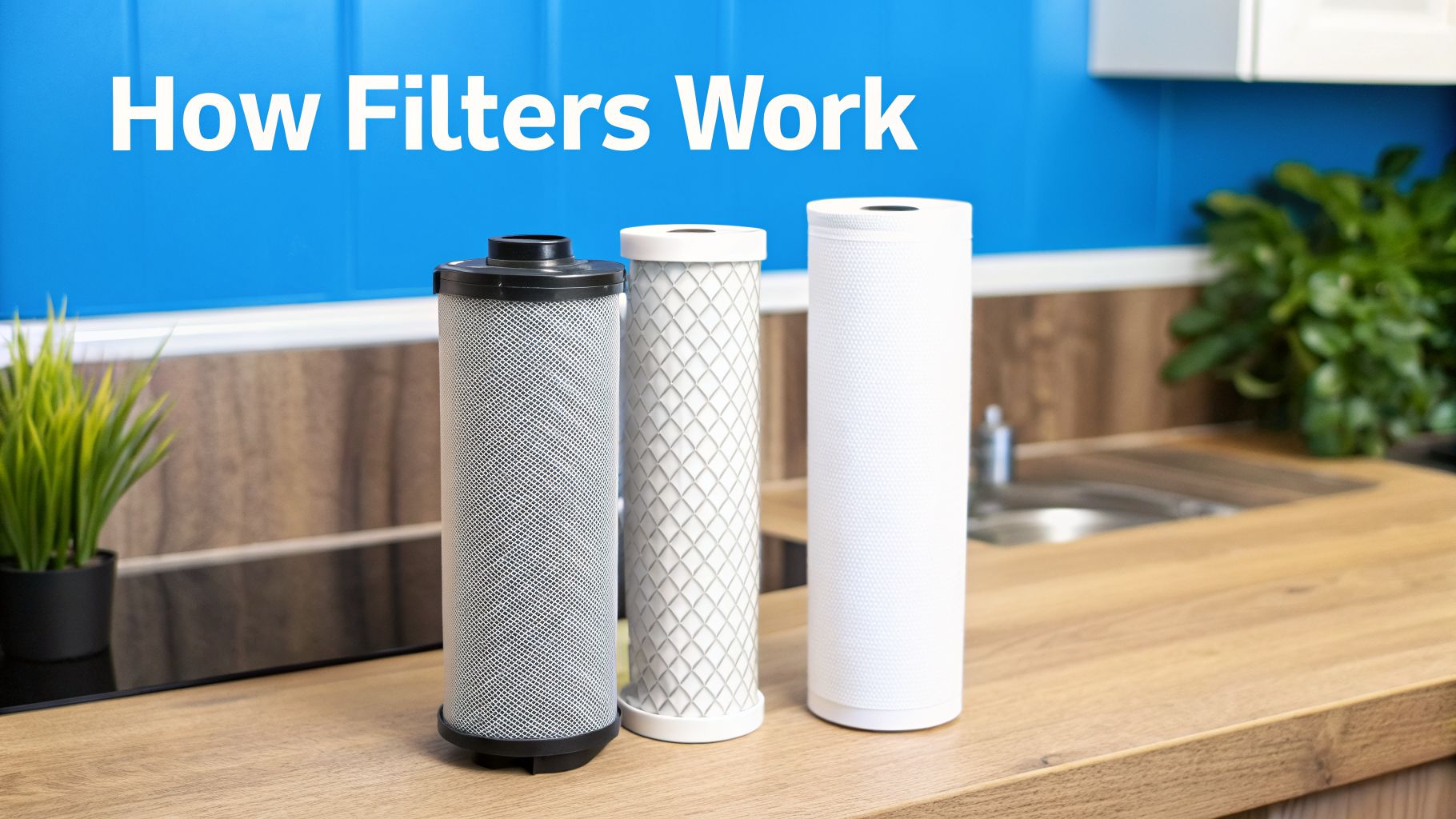 Three white and grey water filters stand on a wooden kitchen counter in front of a blue wall.