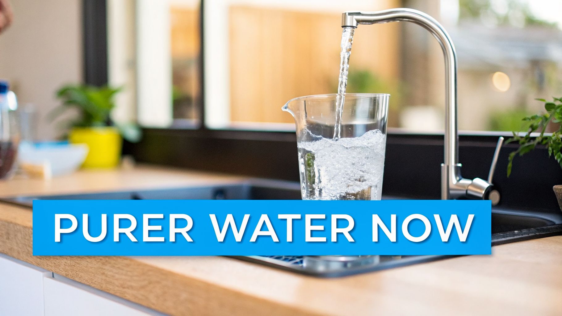 A clear glass is being filled with fresh, pure water from a modern chrome kitchen faucet over a sink.