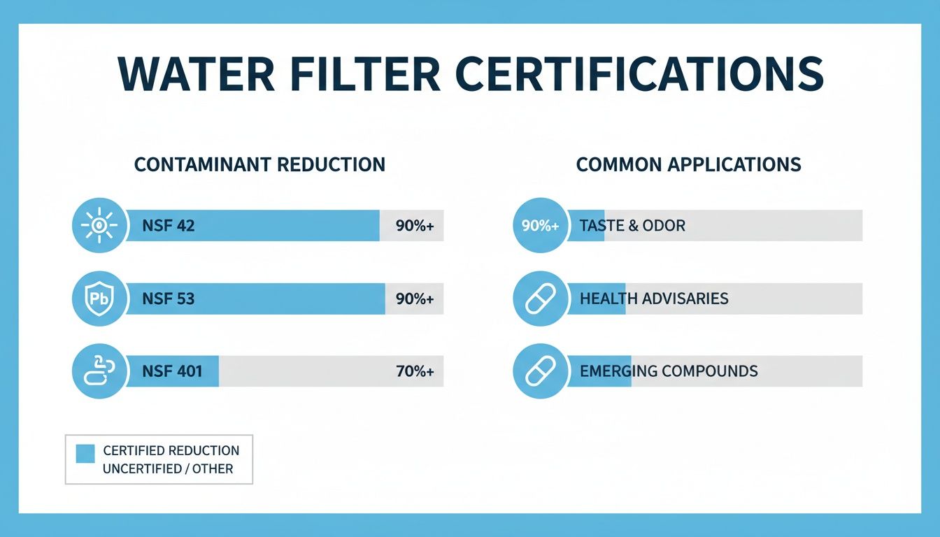 Infographic detailing water filter certifications, including NSF 42, 53, and 401, with contaminant reduction percentages.