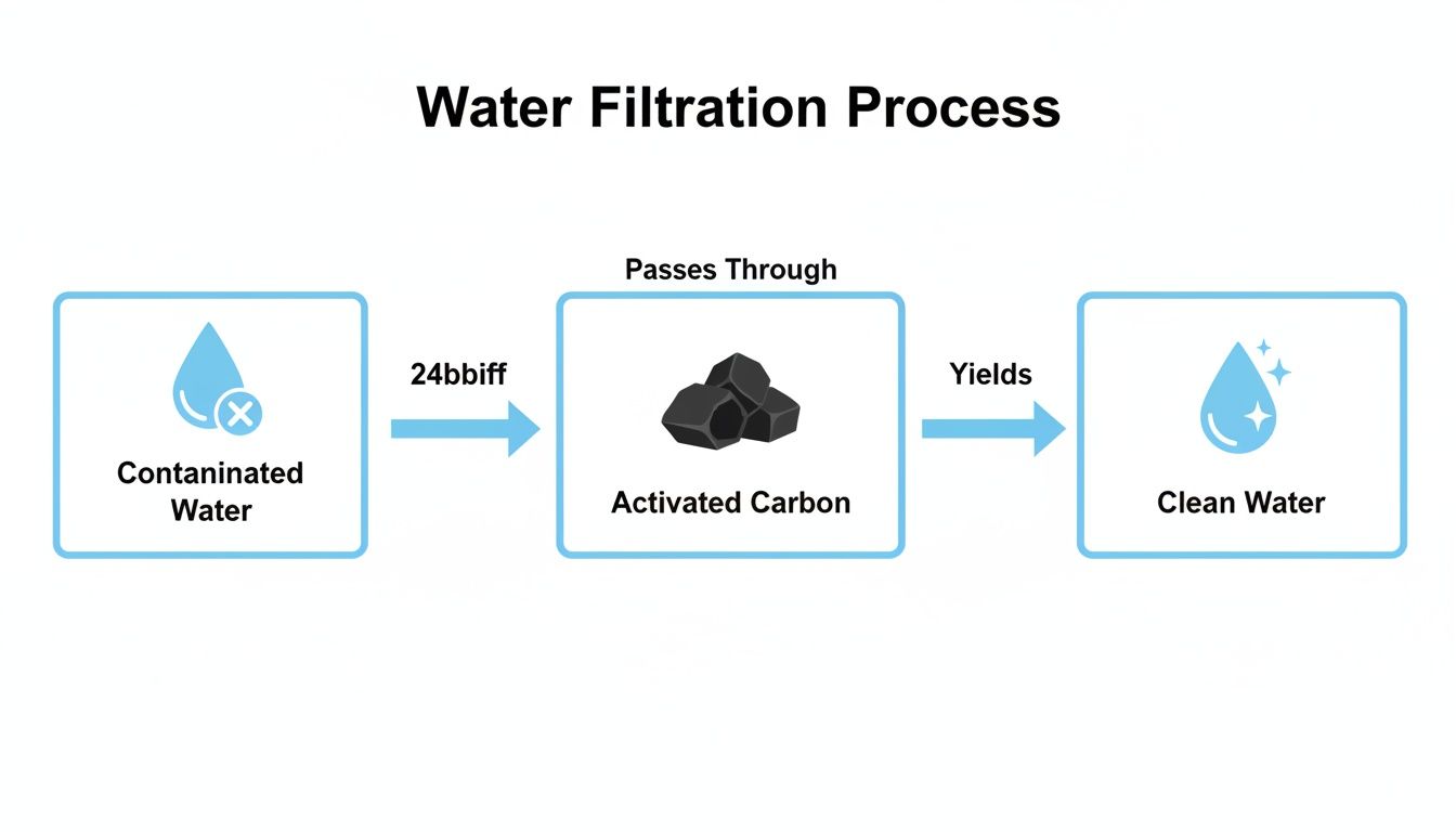 A diagram illustrating the water filtration process where contaminated water passes through activated carbon to become clean water.