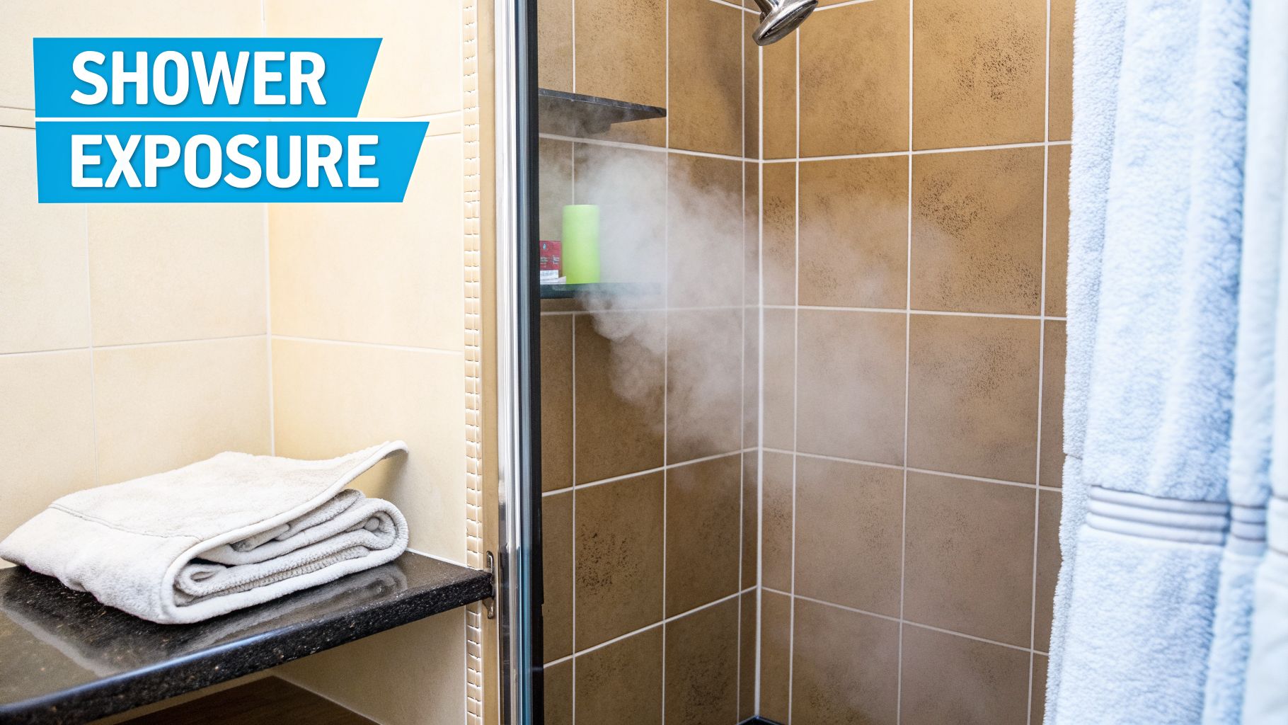 A steamy shower stall with beige and brown tiles, a shower head, and folded towels on a shelf.