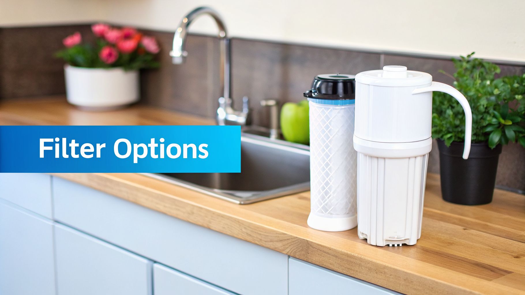 Two water filters on a kitchen counter near a sink, with 'Filter Options' text.