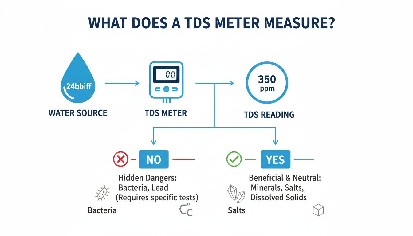 Diagram illustrating how a TDS meter measures water quality, showing inputs, readings, and interpretations.