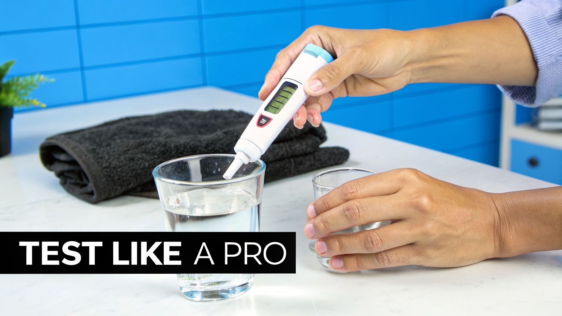 A person tests water quality with a white digital TDS meter in a glass, with another glass and towel nearby.