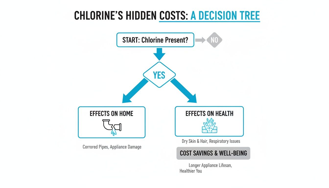 A decision tree diagram showing chlorine's hidden costs on home appliances and health, and well-being benefits.