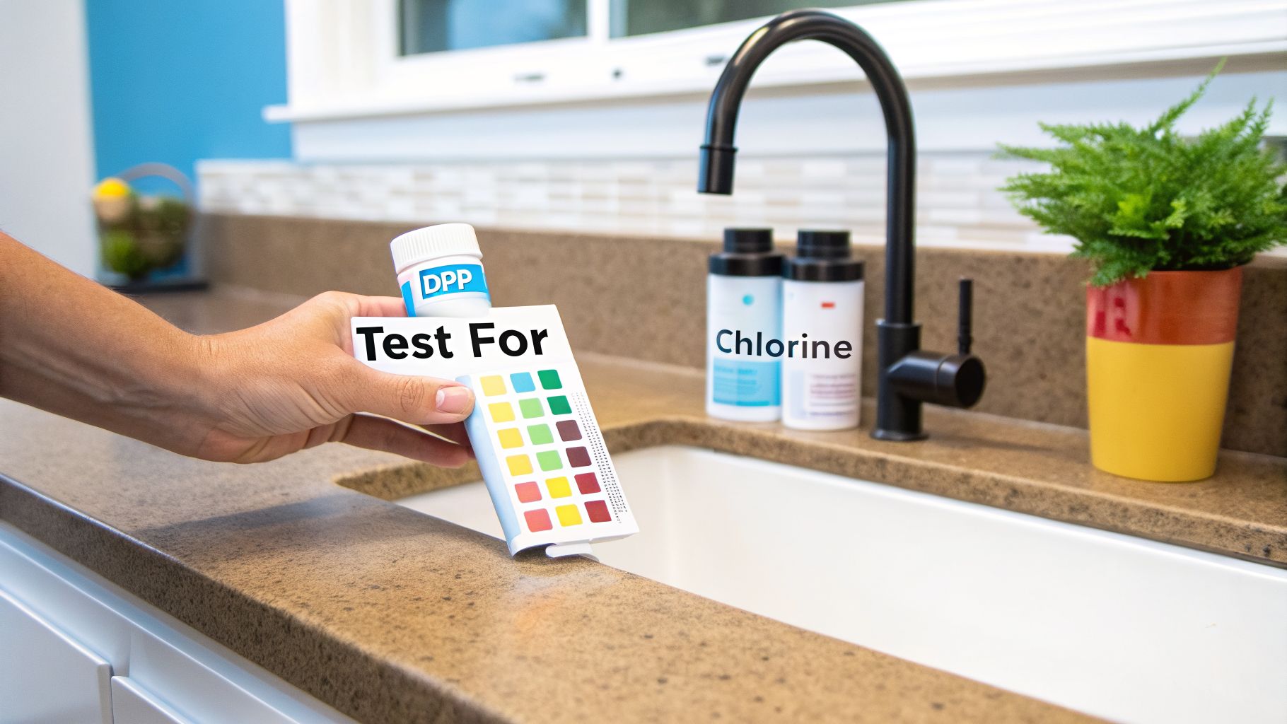 Hand holds water testing kit over sink, with chlorine test bottles and plant on counter.