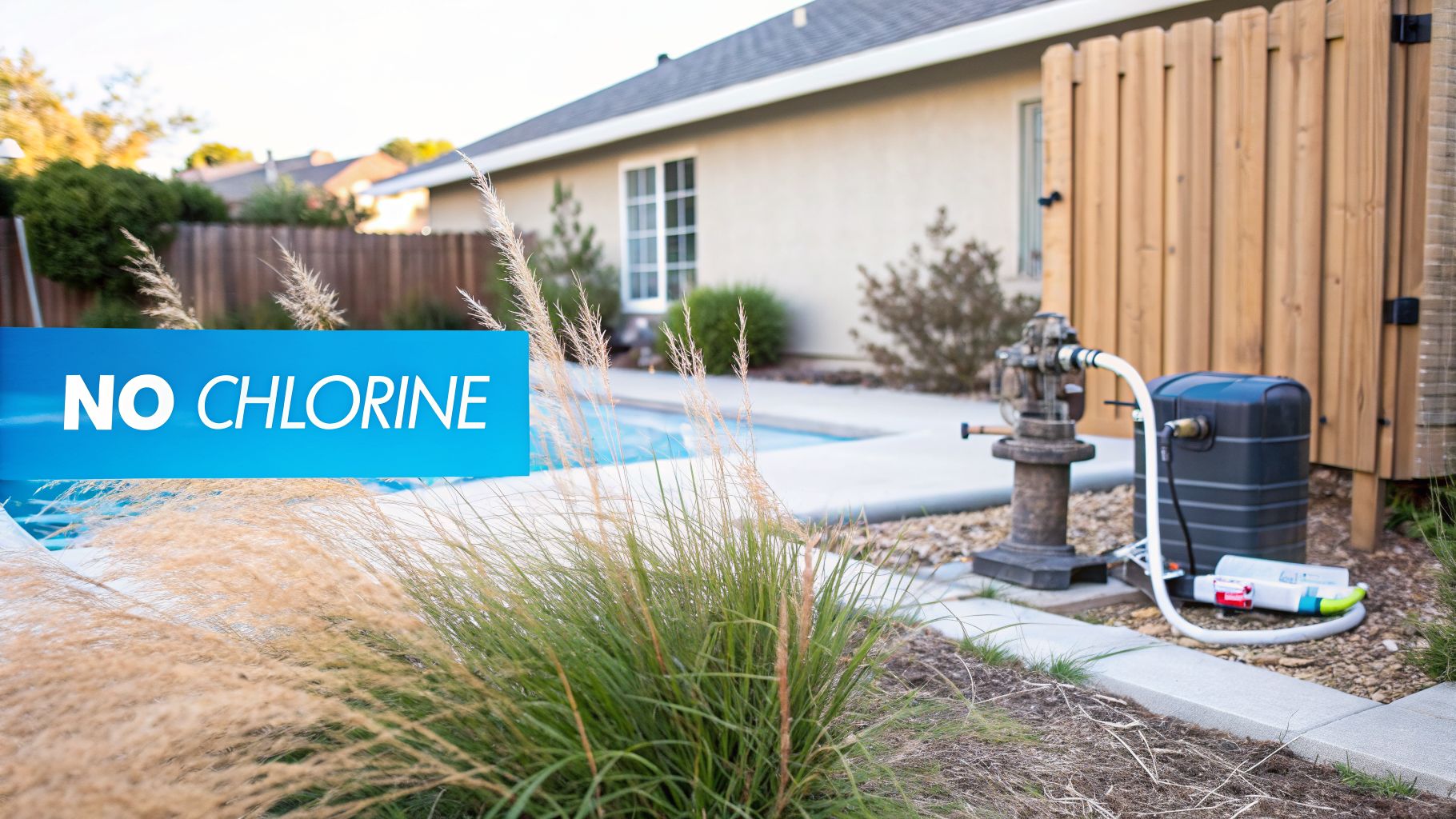 A residential backyard with a swimming pool, landscaping, pool equipment, and a "NO CHLORINE" sign.