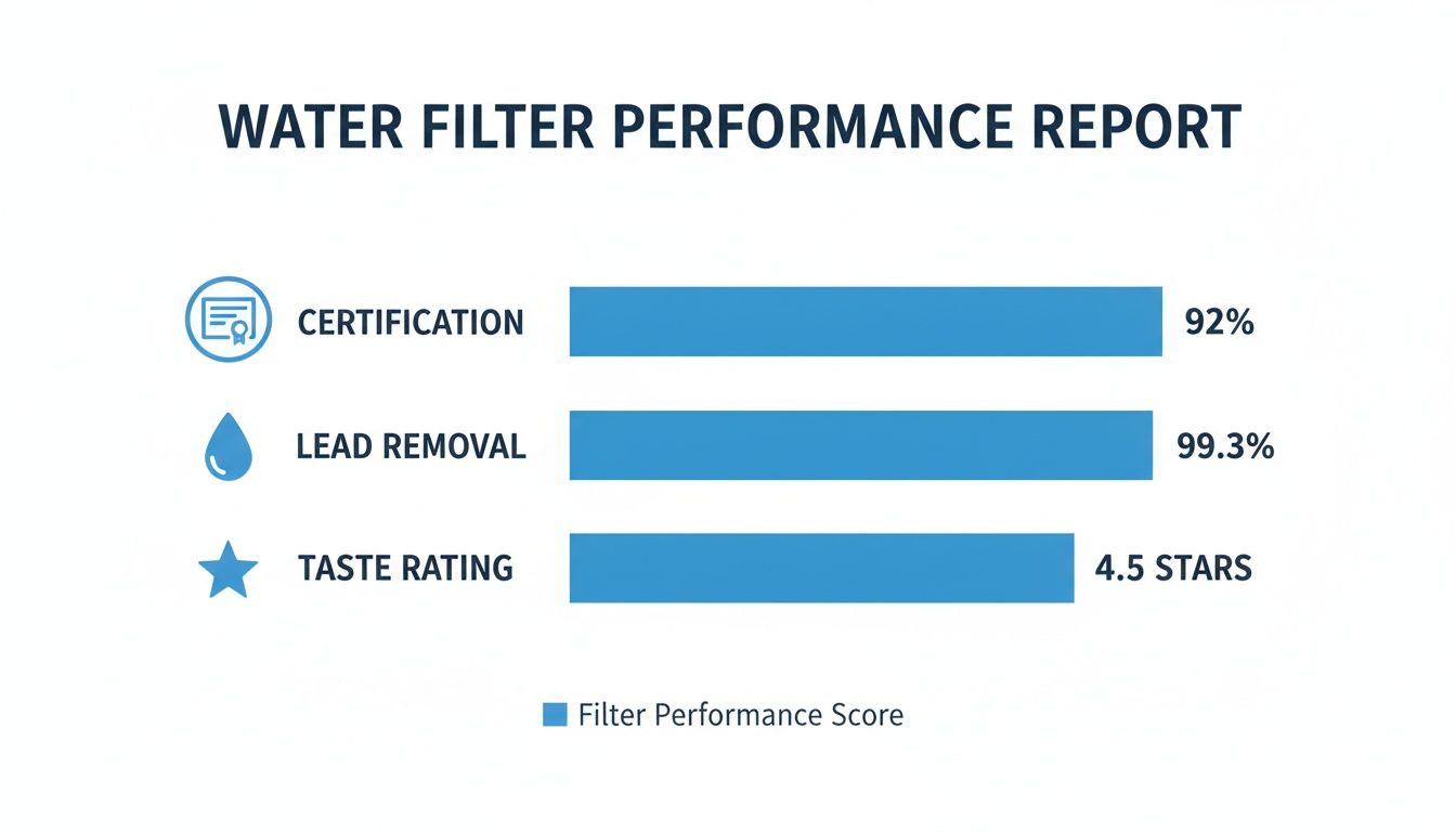 A bar chart displaying a water filter performance report, showing certification, lead removal, and taste rating.