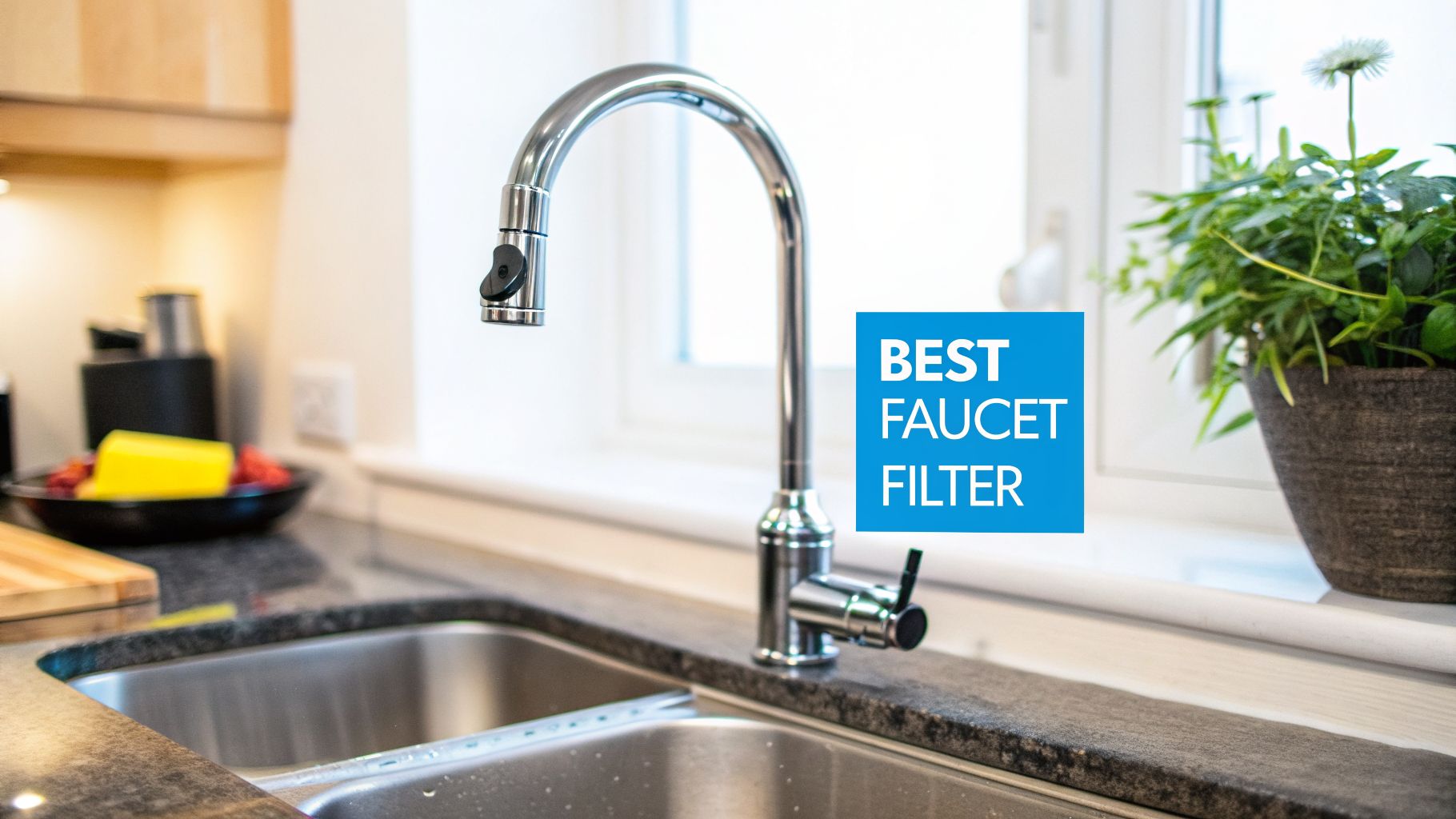 A modern kitchen with a shiny chrome faucet over a double sink and a plant on the windowsill.