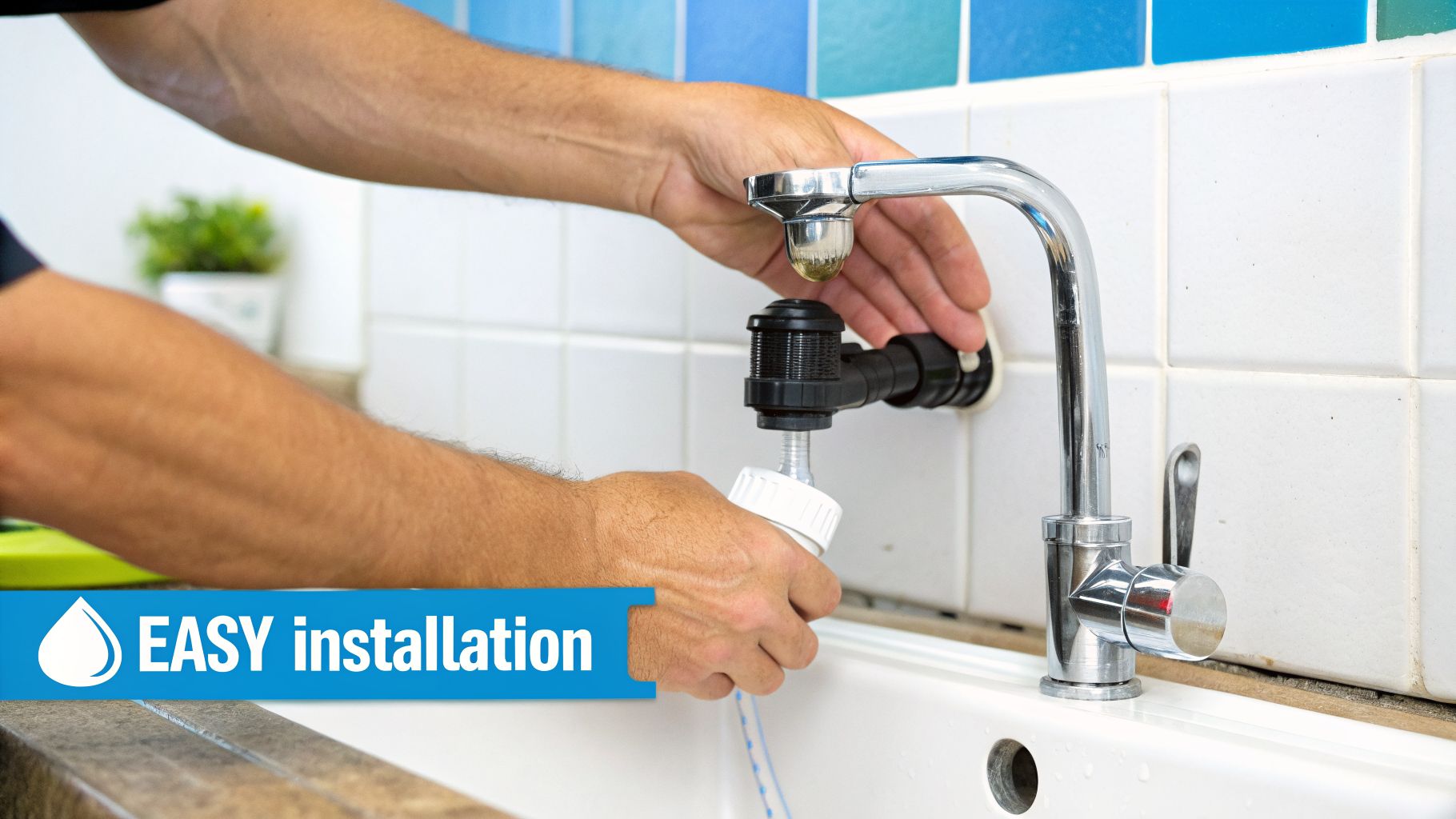 Close-up of hands installing a new water filter system onto a modern kitchen faucet over a white sink.