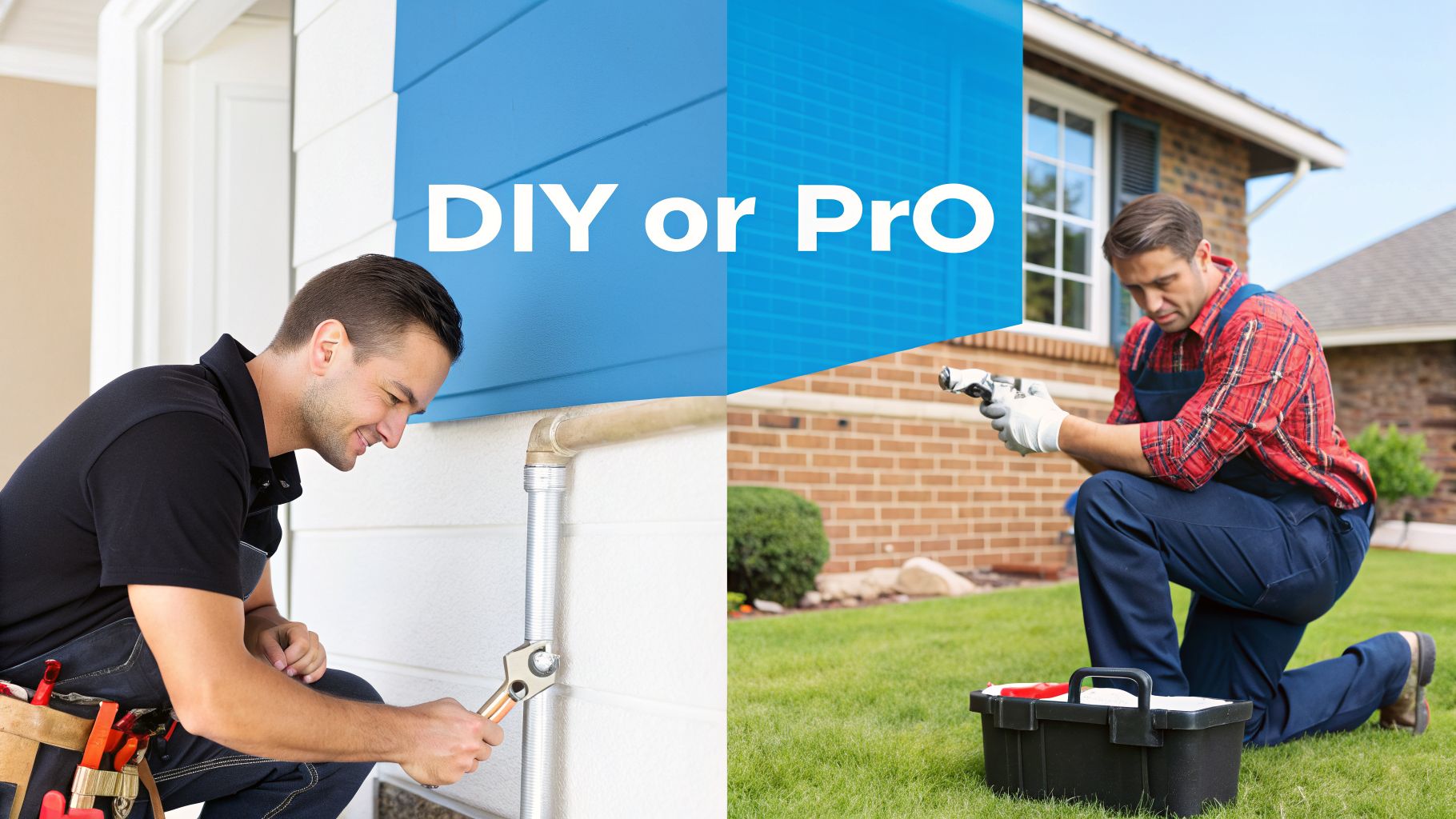 Two men working on home repairs, illustrating the choice between DIY and professional services.