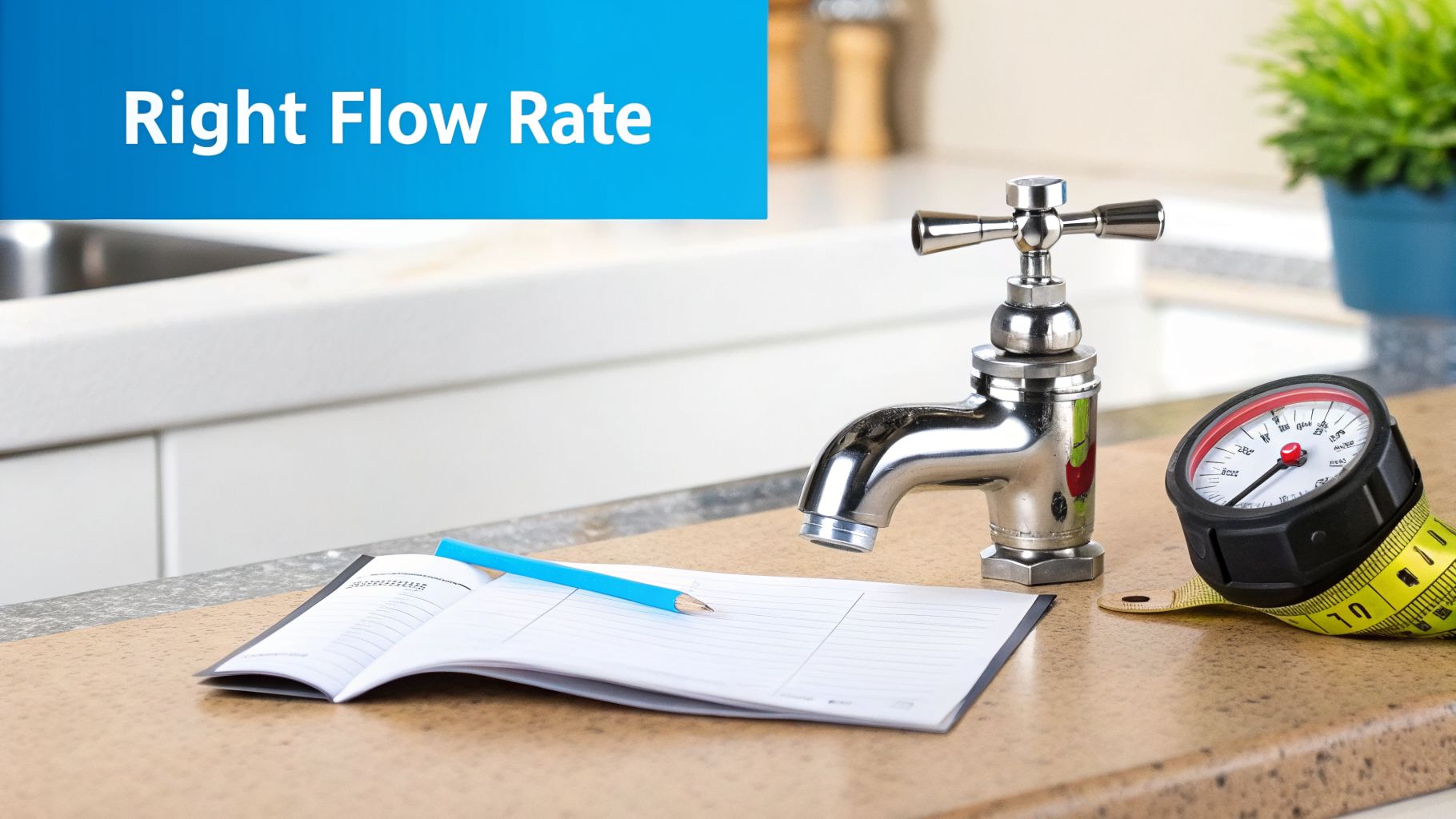 A kitchen counter with a chrome water tap, an open notebook, a pencil, and a flow rate gauge.