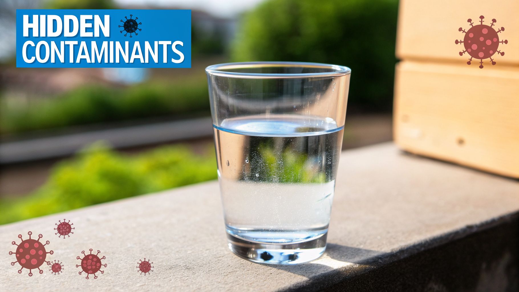 A glass of water outdoors with multiple virus icons and a 'Hidden Contaminants' banner.