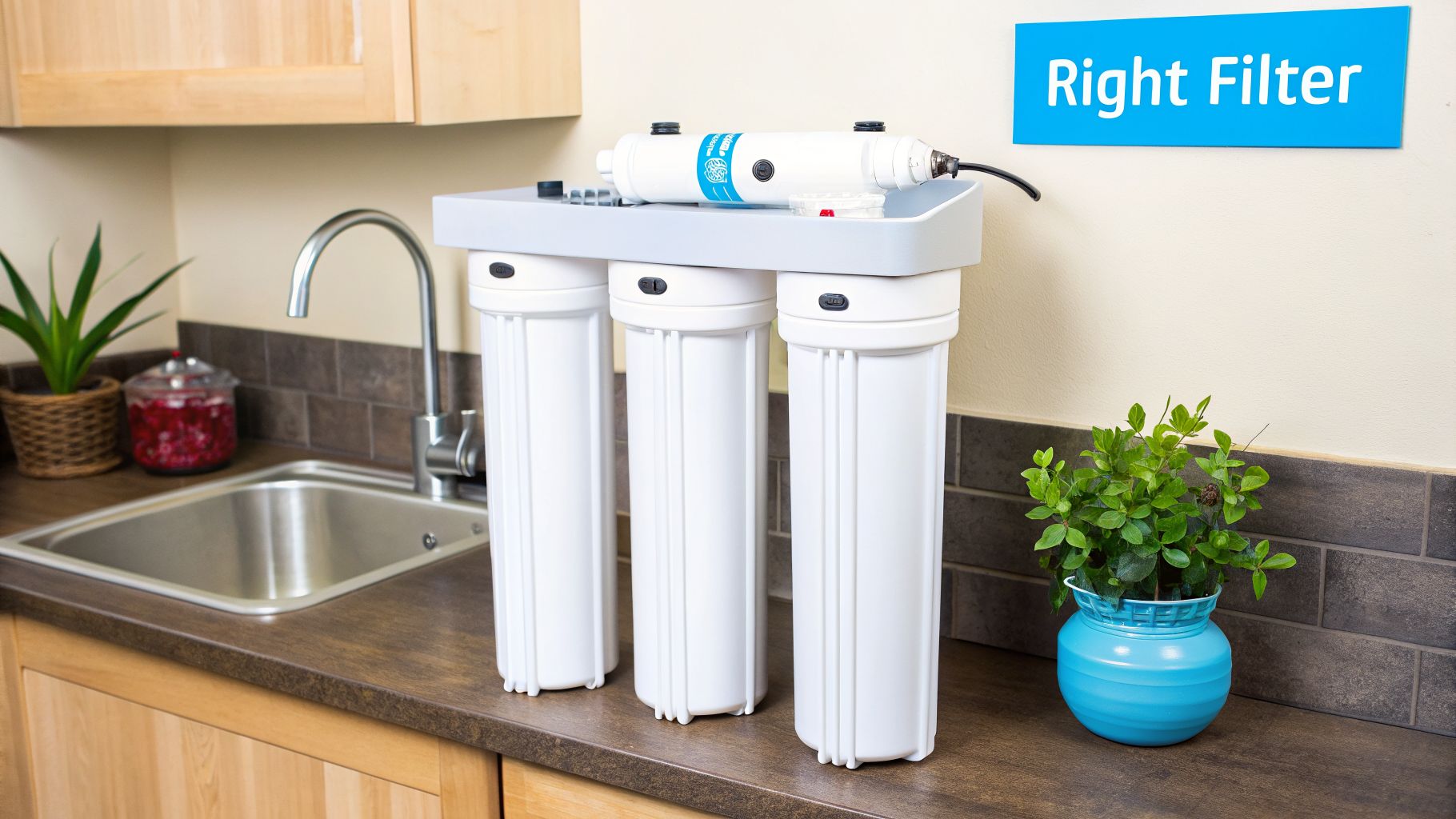 A multi-stage water filtration system on a kitchen counter next to a stainless steel sink.