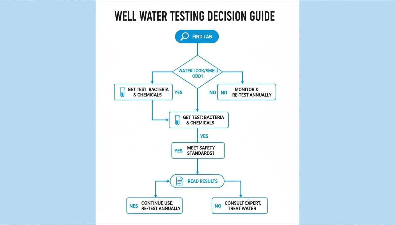 A well water testing decision guide flowchart showing steps from finding a lab to treating water.