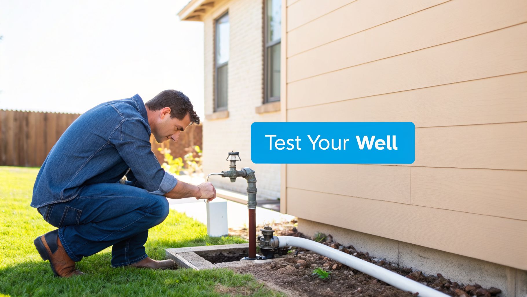 A man in denim clothes crouches to test a water well faucet near a house.