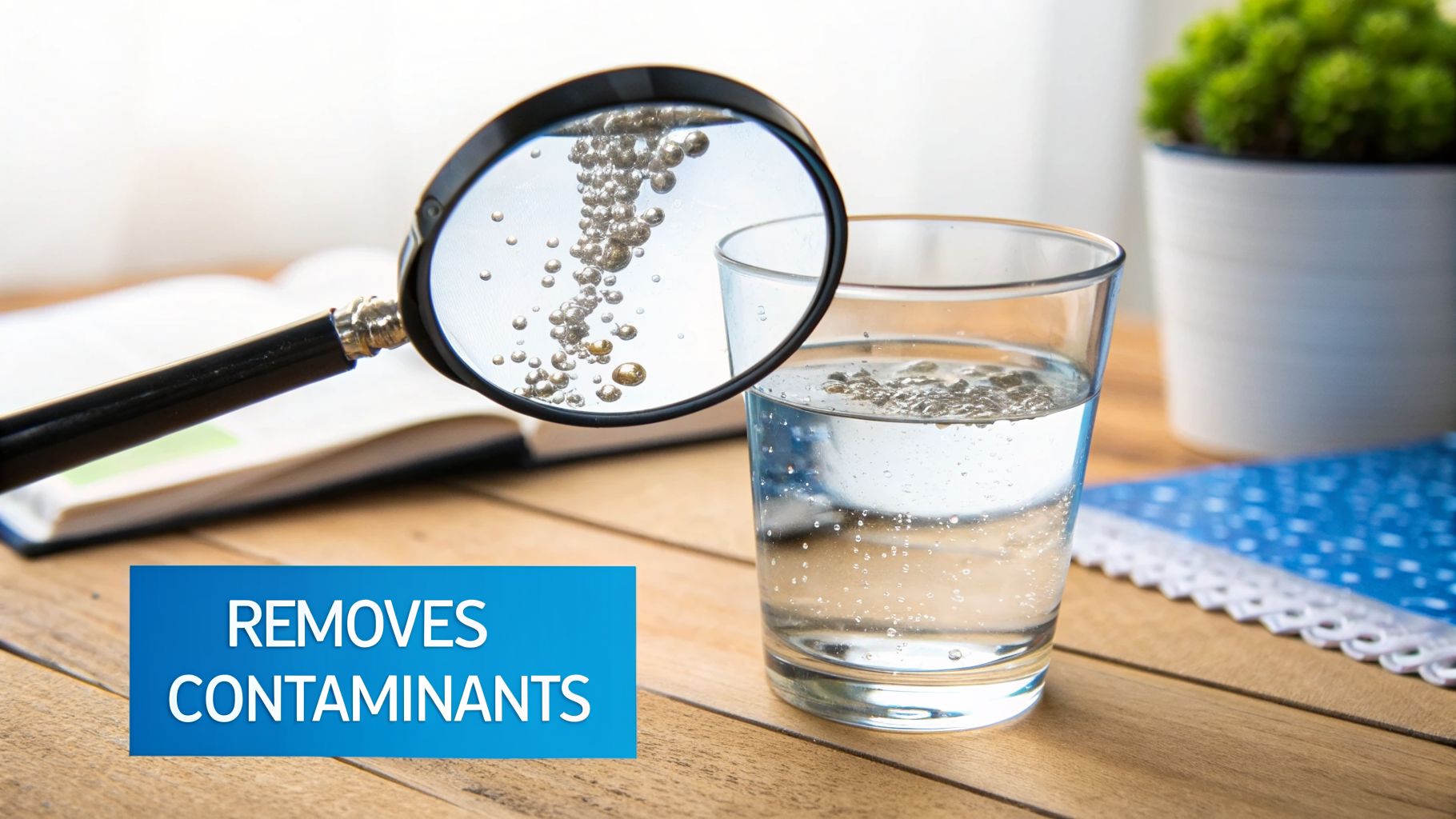 A magnifying glass highlights bubbles in a glass of water on a wooden table, with text 'REMOVES CONTAMINANTS'.