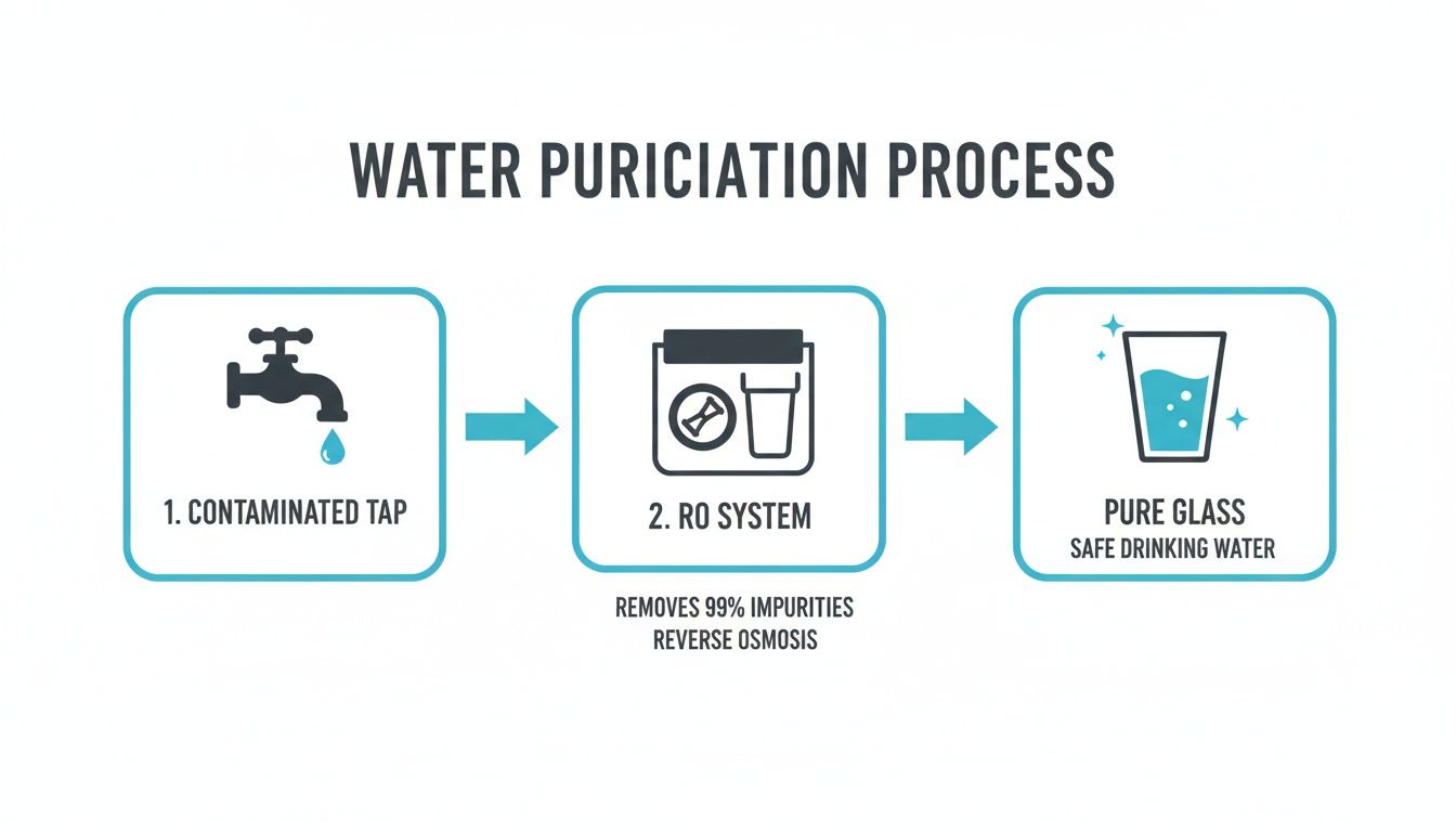 Diagram illustrating the water purification process from contaminated tap water to safe drinking water using an RO system.