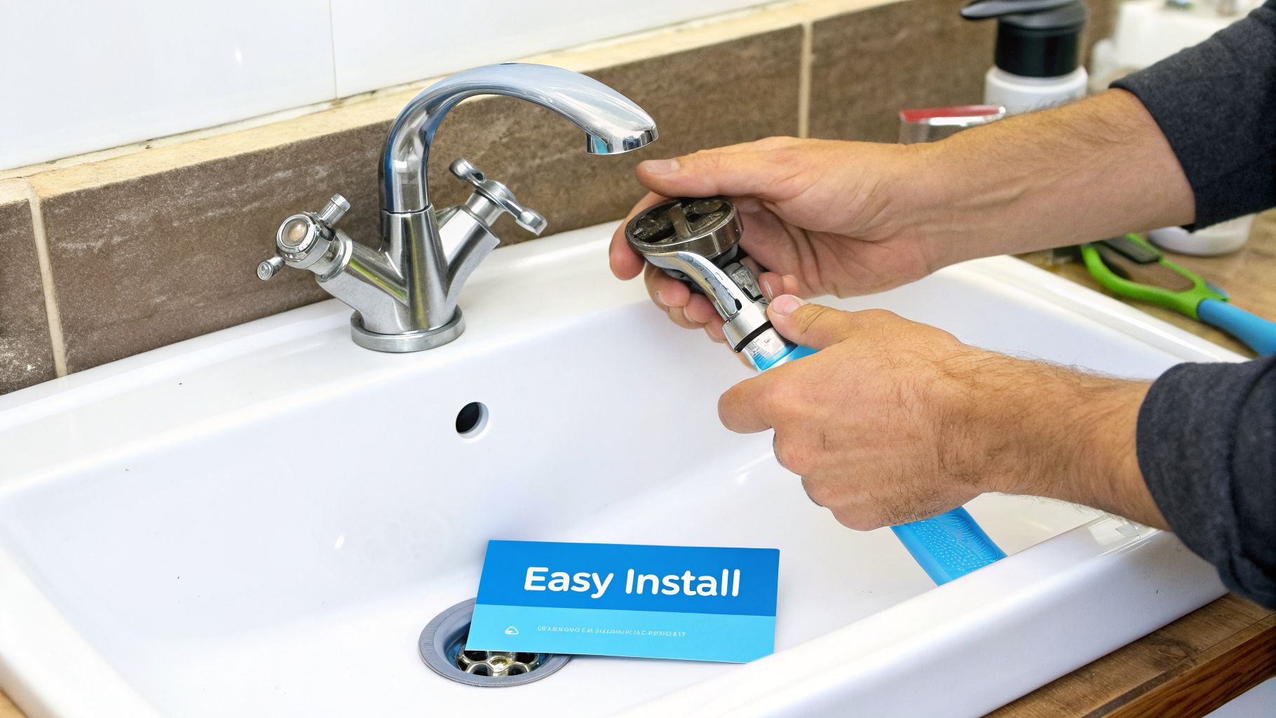 Hands using a specialized tool to install a new faucet in a white bathroom sink, with an 'Easy Install' card.