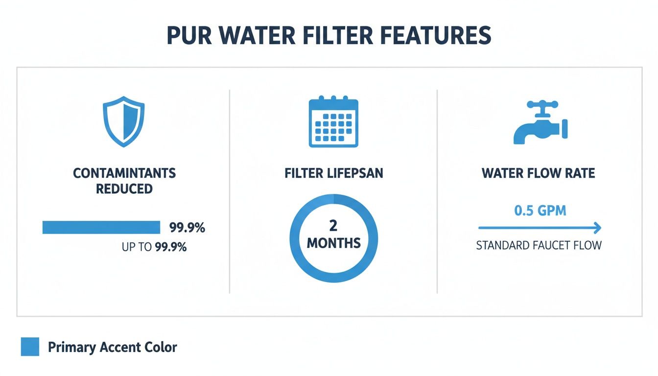 Infographic displaying PUR water filter features: contaminants reduced up to 99.9%, 2-month filter lifespan, and 0.5 GPM water flow rate.