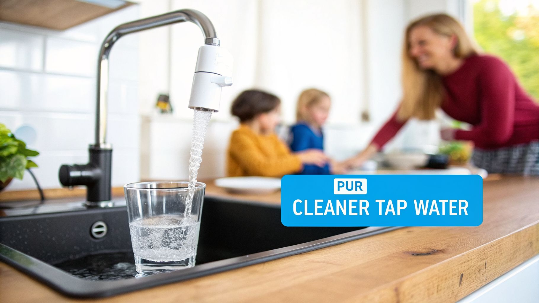 A PUR water filter on a kitchen tap fills a glass with clean water in a sink, with a family in the background.