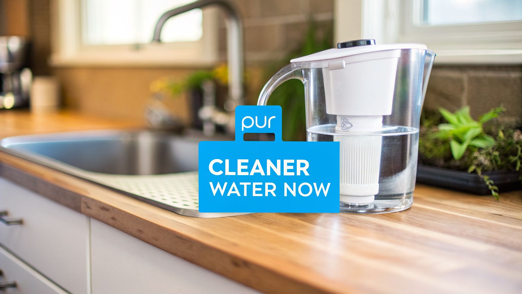 A PUR water filter pitcher sits on a wooden kitchen counter next to a sink, promoting cleaner water.
