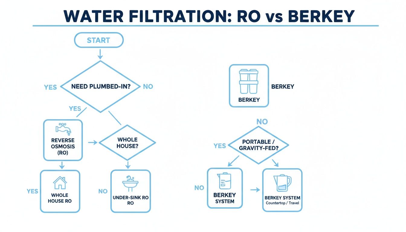 Flowchart comparing Reverse Osmosis (RO) and Berkey water filtration systems based on plumbing and portability.
