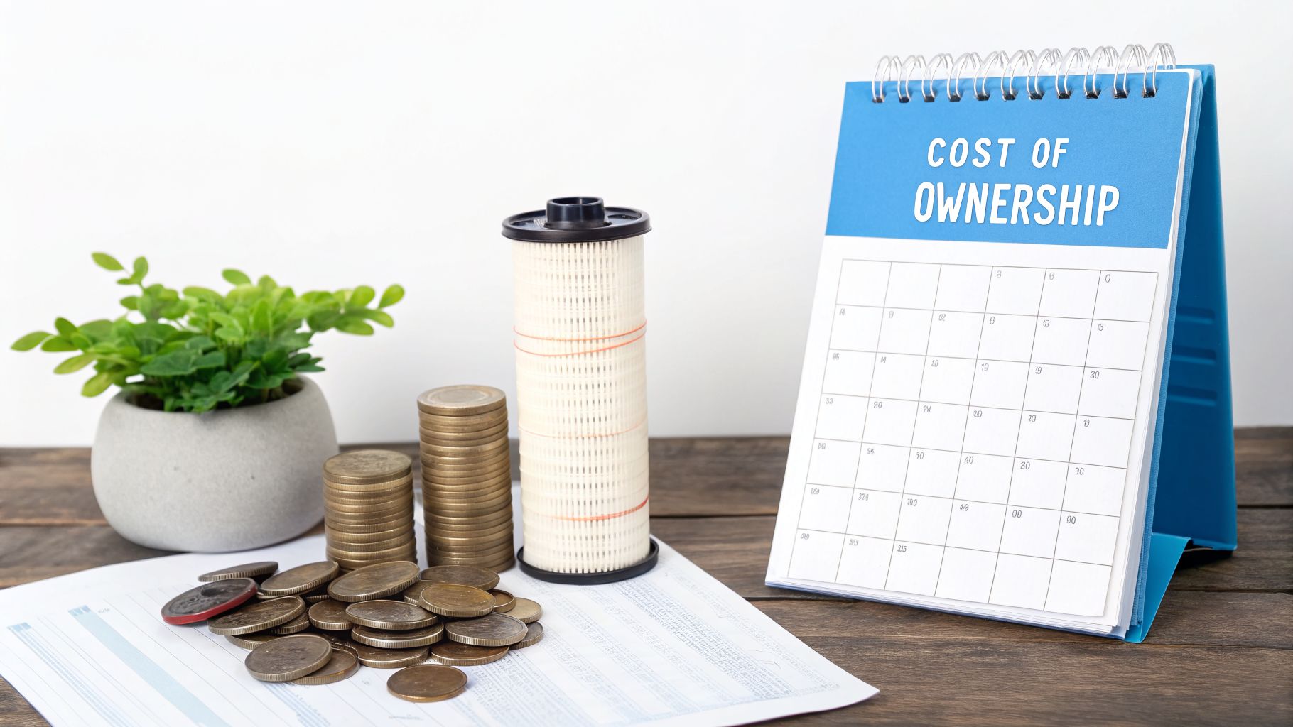 A desk with a 'Cost of Ownership' calendar, stacks of coins, and an industrial filter, symbolizing financial planning and asset expenses.