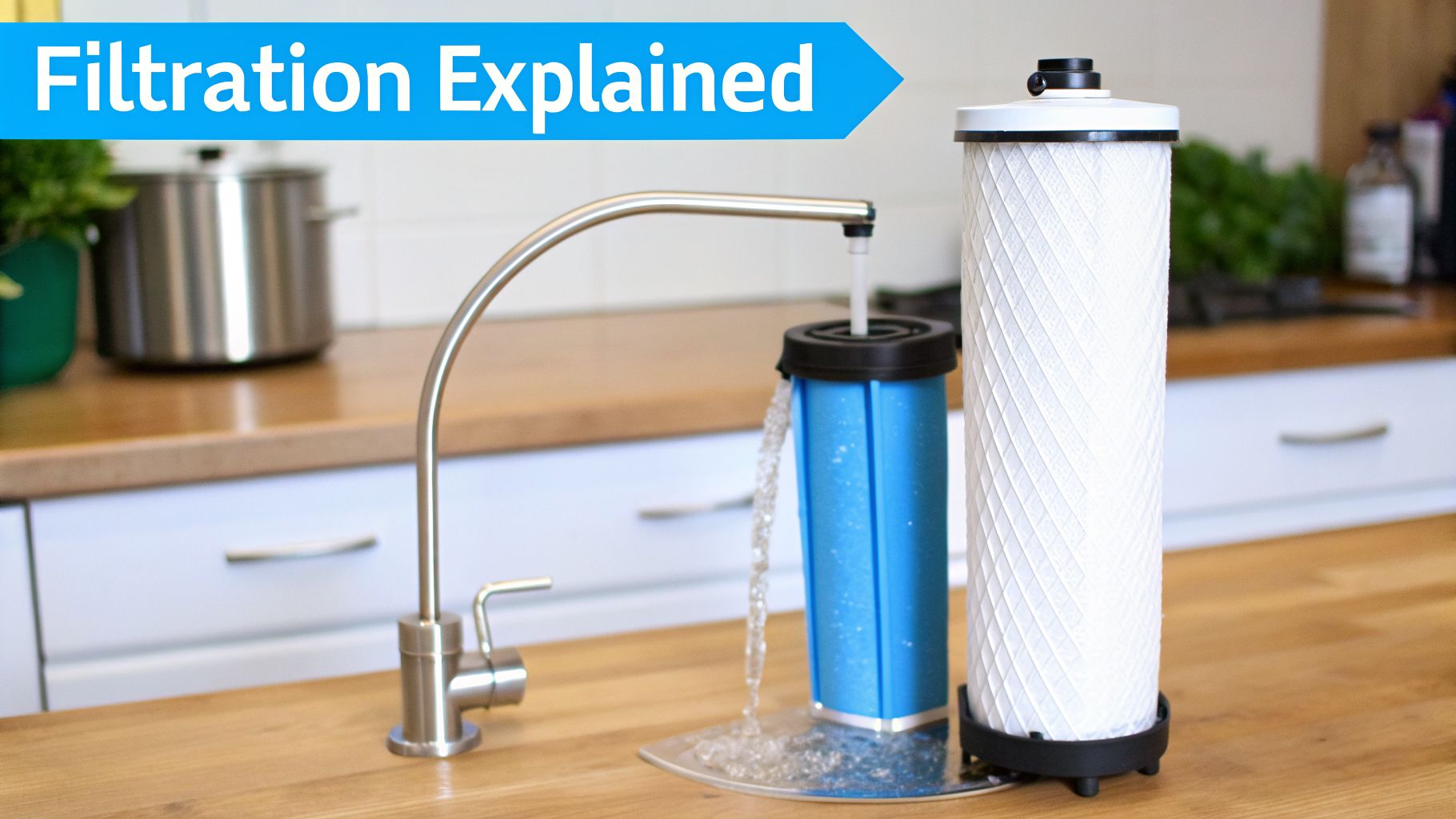 A kitchen counter setup demonstrating water filtration with a running faucet and two filters.
