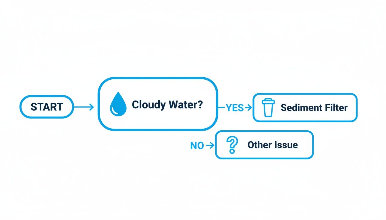Flowchart troubleshooting cloudy water, recommending a sediment filter or identifying other issues.