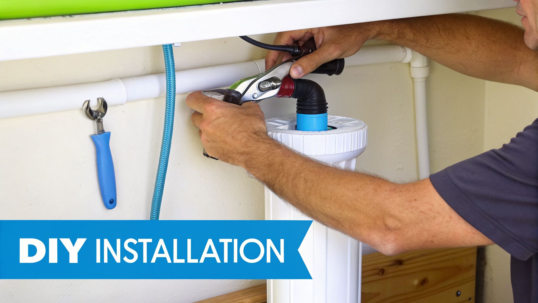 A man's hands are busy installing a water sediment filter with a wrench.