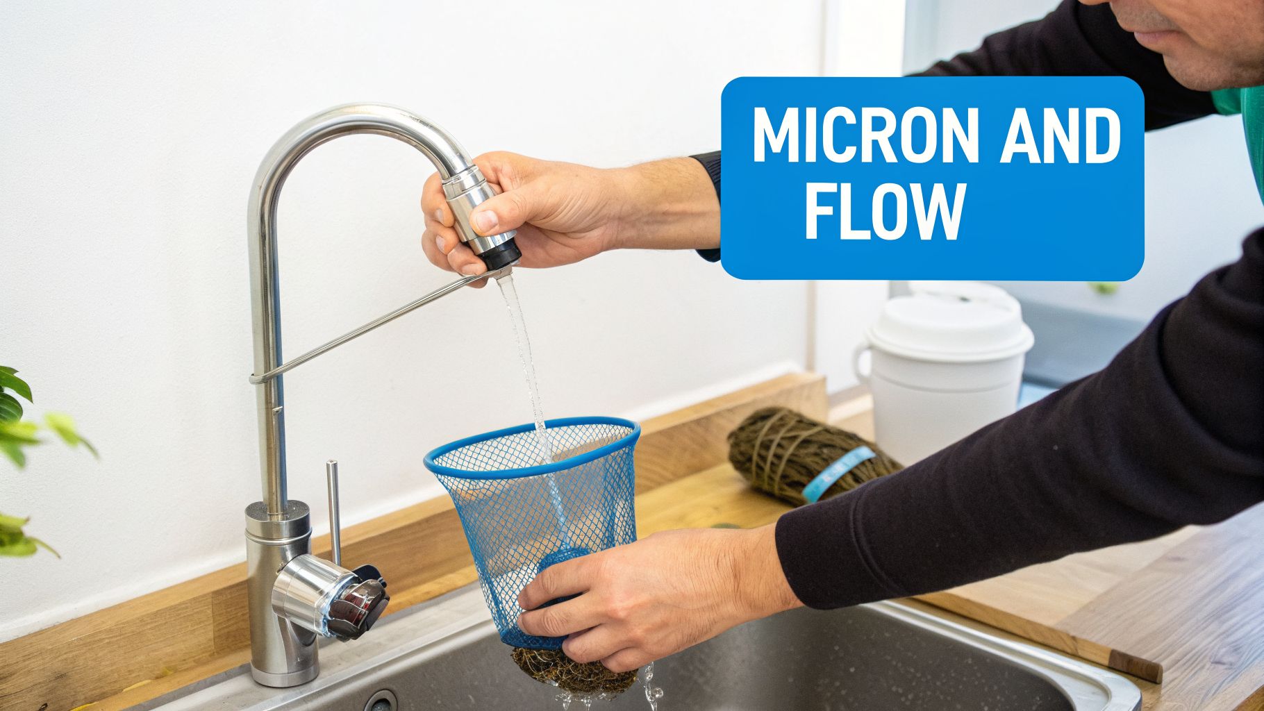 Hands rinse a dirty mesh basket under a kitchen faucet, illustrating water filtration.