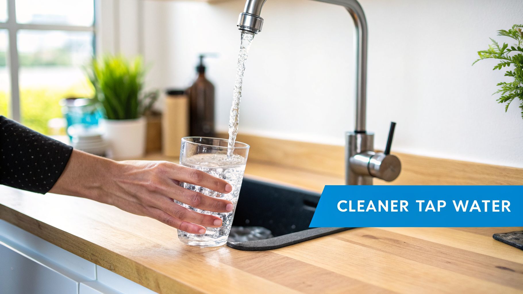 A hand fills a clear glass with fresh, clean water from a modern kitchen tap.
