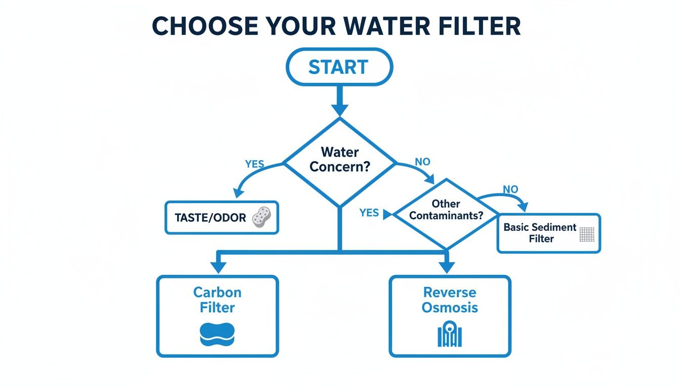 A flowchart guides users to choose a water filter based on taste, odor, or other contaminants.
