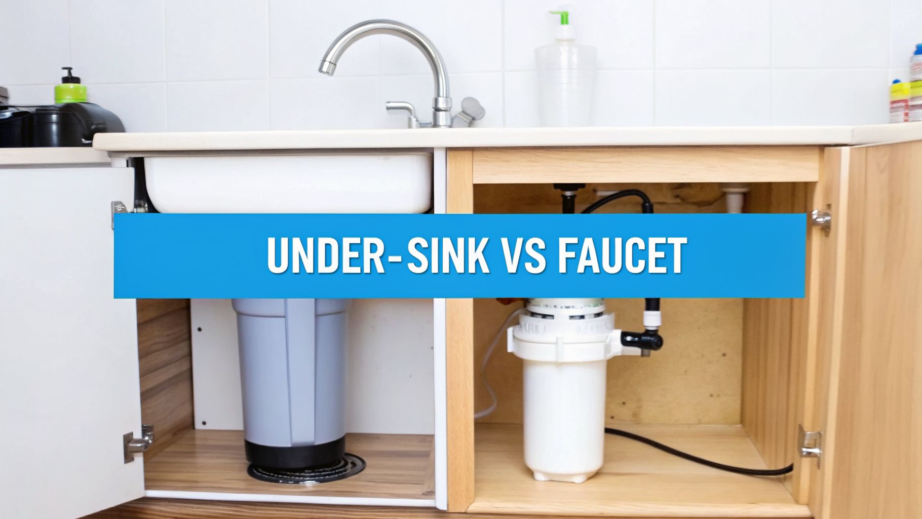 Two under-sink water filtration systems, one grey and one white, inside kitchen cabinets below a sink.