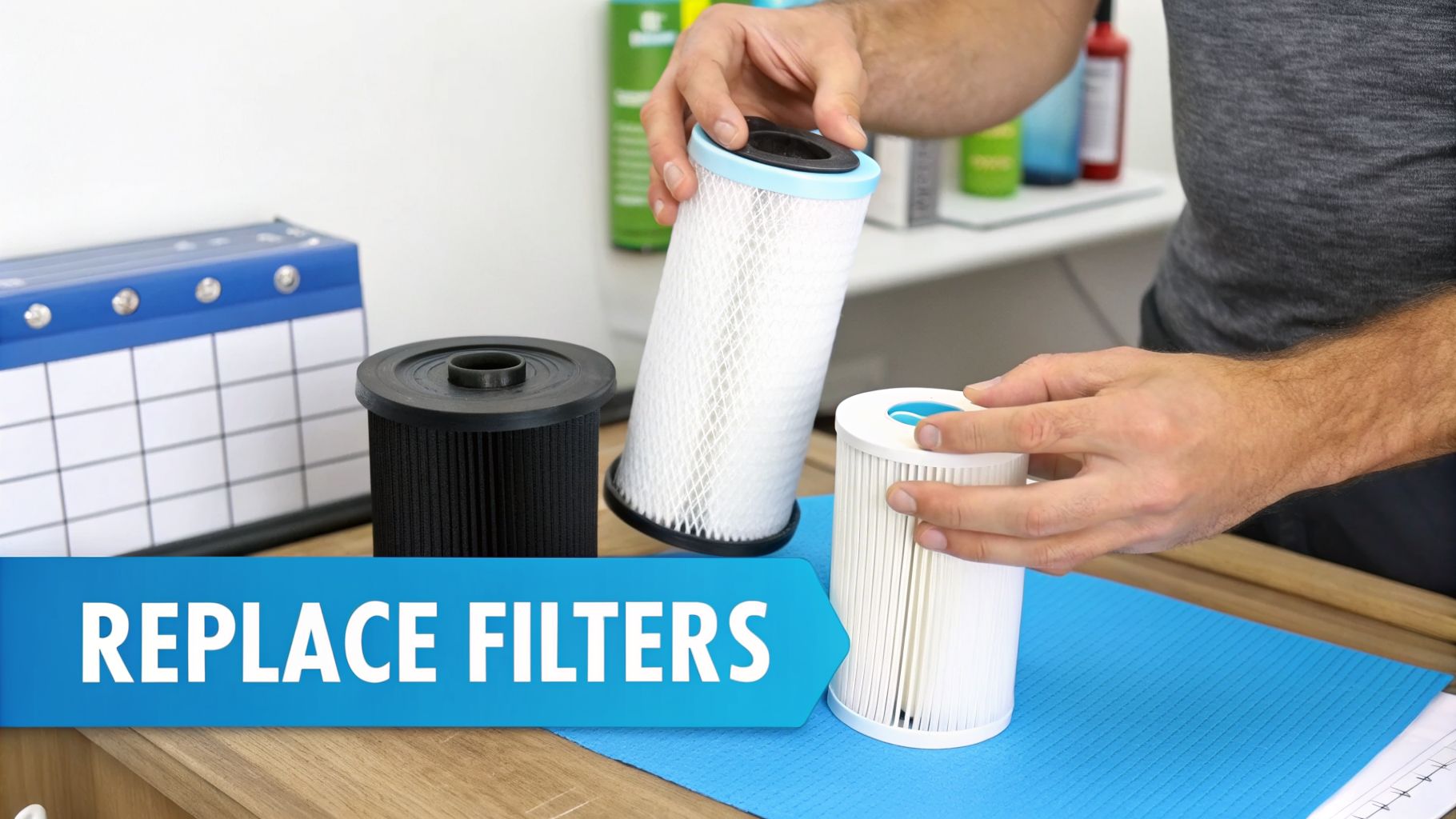 A person's hands are holding two water filters, while other filters and a calendar are on a wooden table.