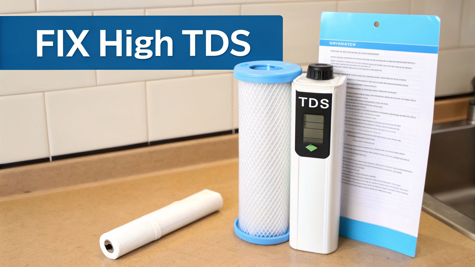 A TDS meter, two water filter cartridges, and a document on a counter with 'FIX High TDS' text.