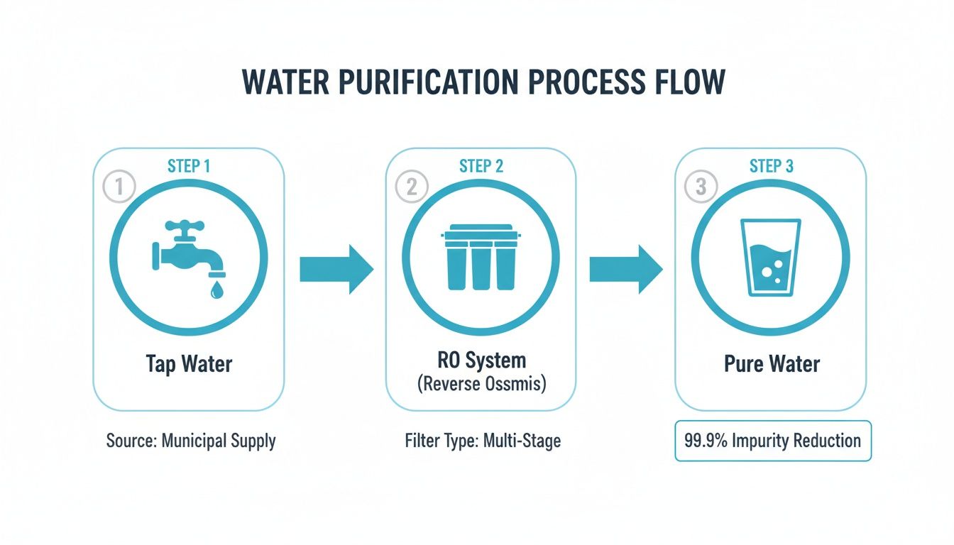 A diagram illustrating a three-step water purification process from tap water to pure water.