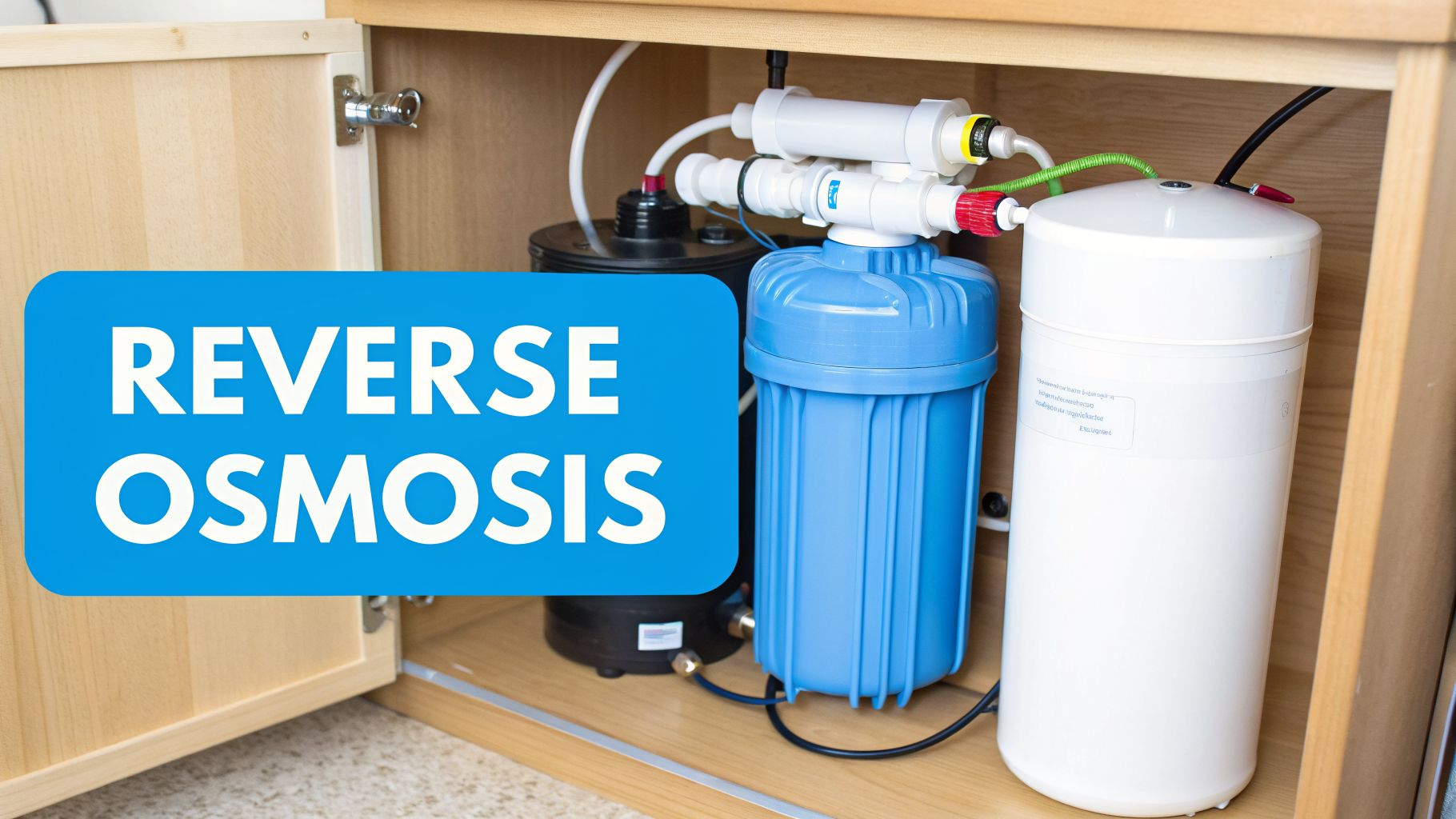 A reverse osmosis water filtration system with blue and white components installed inside a wooden cabinet.