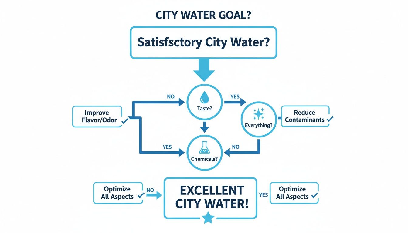 A flowchart detailing steps and questions to achieve excellent city water quality, focusing on taste, chemicals, and contaminants.