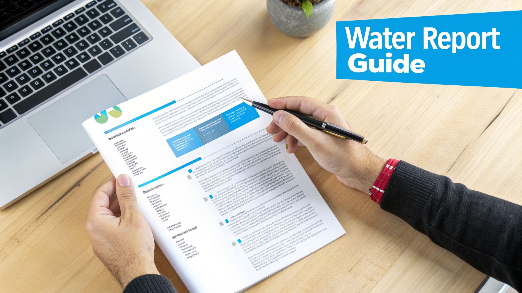 Close-up of hands holding a water report guide document with a pen, laptop, and plant on a wooden desk.